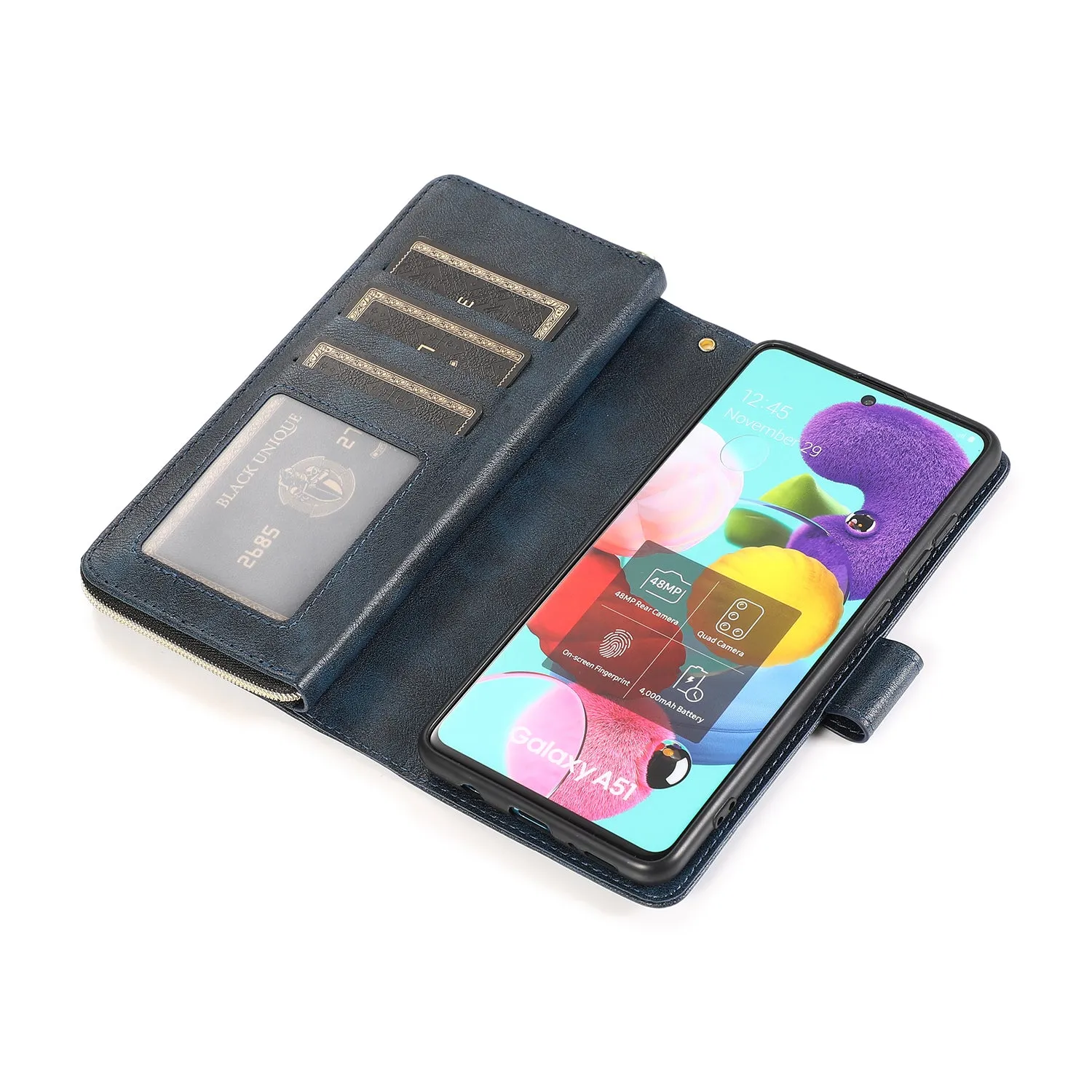 For Samsung A01/A21/A31/A41/A51 Pu Leather  Mobile Phone Cover Zipper Card Bag   Wrist Strap blue