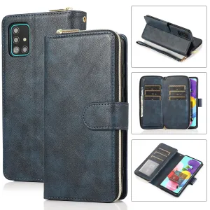 For Samsung A01/A21/A31/A41/A51 Pu Leather  Mobile Phone Cover Zipper Card Bag   Wrist Strap blue