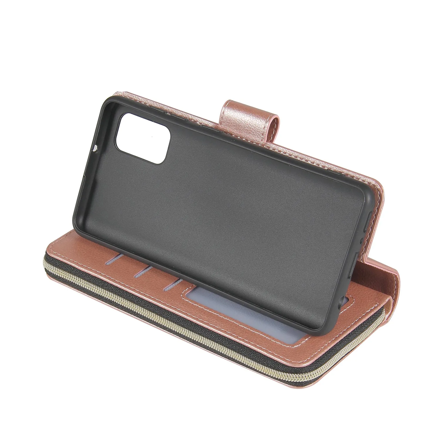 For Samsung A01/A21/A31/A41/A51 Pu Leather  Mobile Phone Cover Zipper Card Bag   Wrist Strap Rose gold