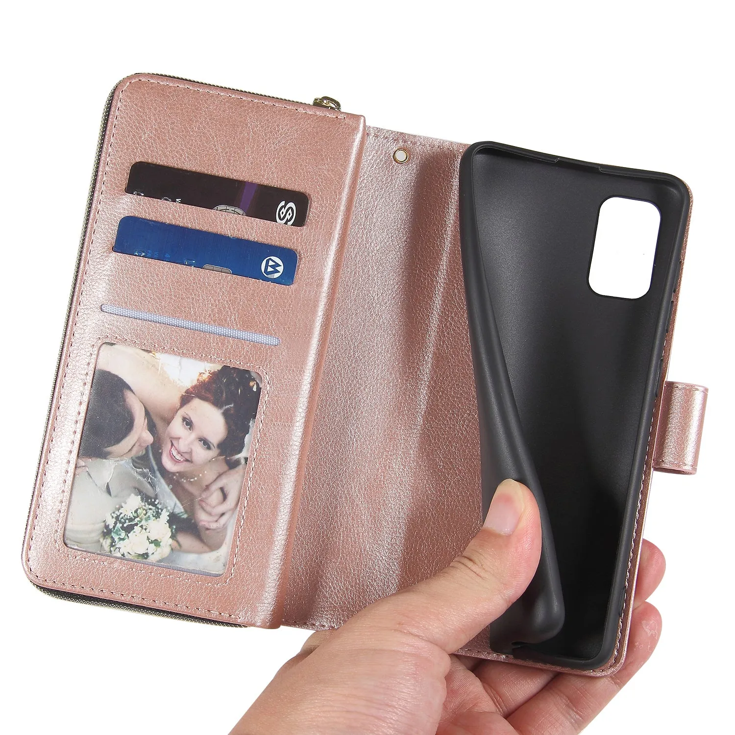 For Samsung A01/A21/A31/A41/A51 Pu Leather  Mobile Phone Cover Zipper Card Bag   Wrist Strap Rose gold