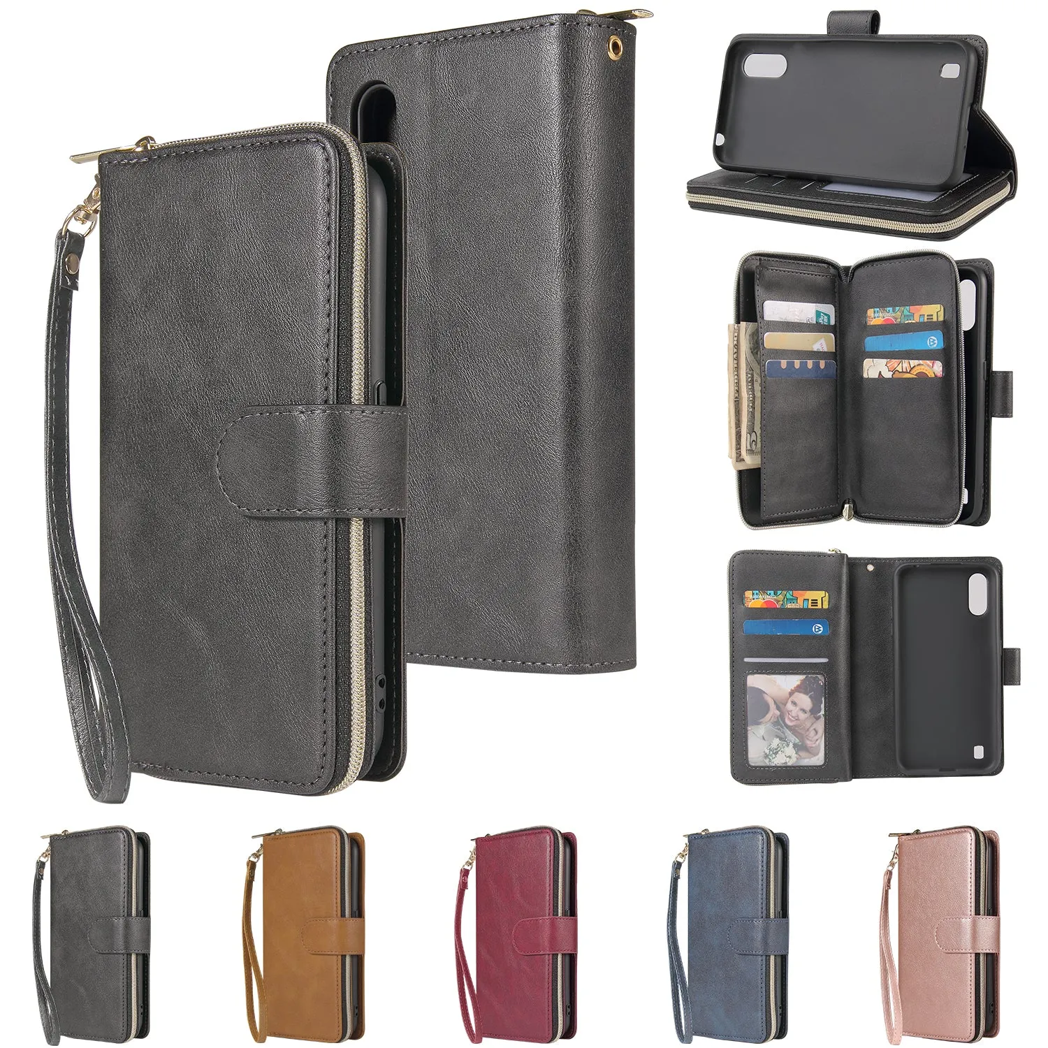 For Samsung A01/A21/A31/A41/A51 Pu Leather  Mobile Phone Cover Zipper Card Bag   Wrist Strap Rose gold