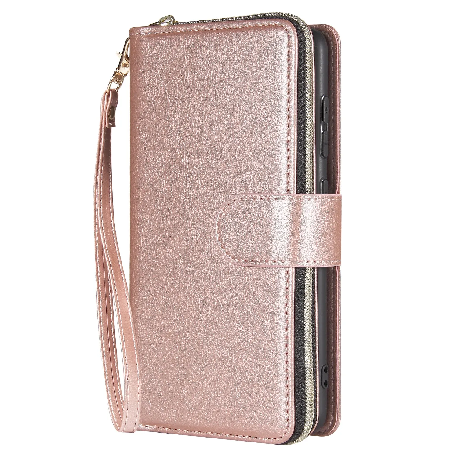 For Samsung A01/A21/A31/A41/A51 Pu Leather  Mobile Phone Cover Zipper Card Bag   Wrist Strap Rose gold