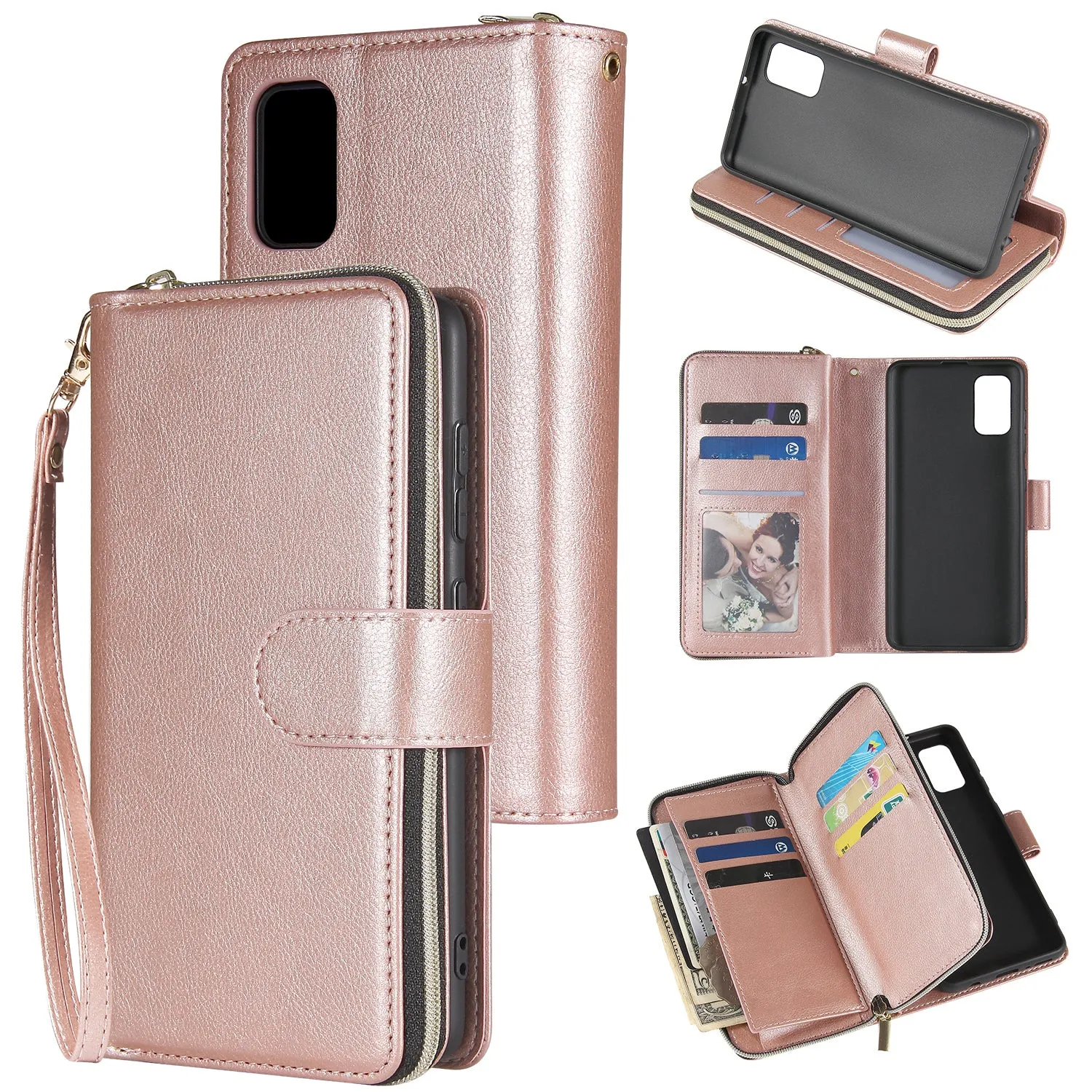 For Samsung A01/A21/A31/A41/A51 Pu Leather  Mobile Phone Cover Zipper Card Bag   Wrist Strap Rose gold