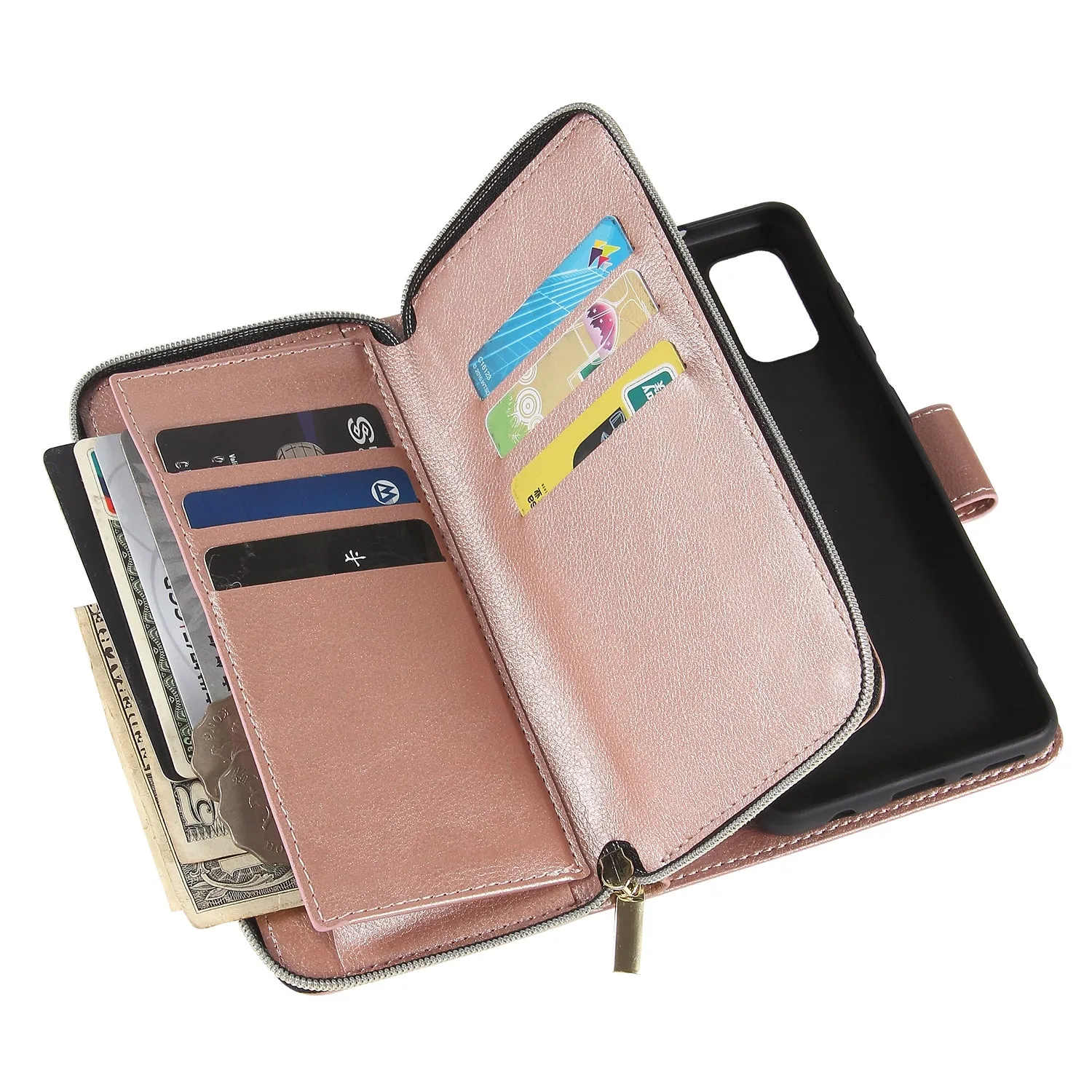 For Samsung A01/A21/A31/A41/A51 Pu Leather  Mobile Phone Cover Zipper Card Bag   Wrist Strap Rose gold