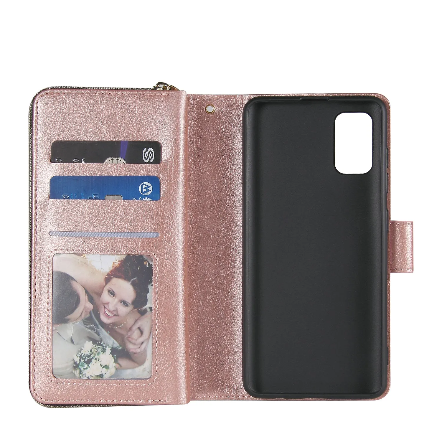 For Samsung A01/A21/A31/A41/A51 Pu Leather  Mobile Phone Cover Zipper Card Bag   Wrist Strap Rose gold