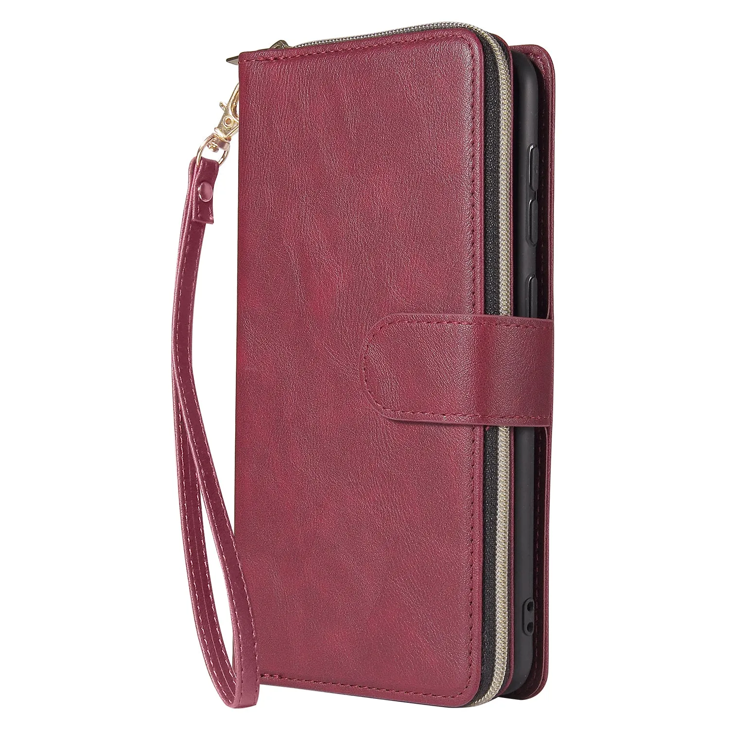For Samsung A10/A20/A30/A50/A30S/A50S Pu Leather  Mobile Phone Cover Zipper Card Bag   Wrist Strap Red wine
