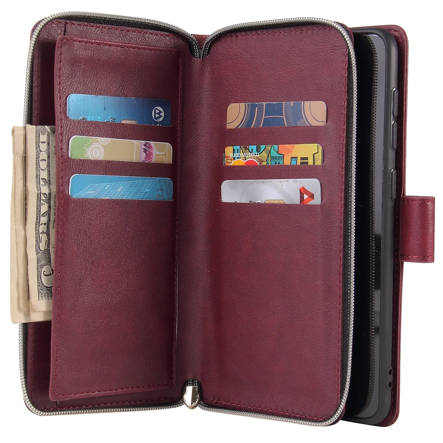 For Samsung A10/A20/A30/A50/A30S/A50S Pu Leather  Mobile Phone Cover Zipper Card Bag   Wrist Strap Red wine