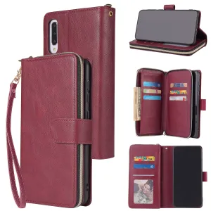 For Samsung A10/A20/A30/A50/A30S/A50S Pu Leather  Mobile Phone Cover Zipper Card Bag   Wrist Strap Red wine