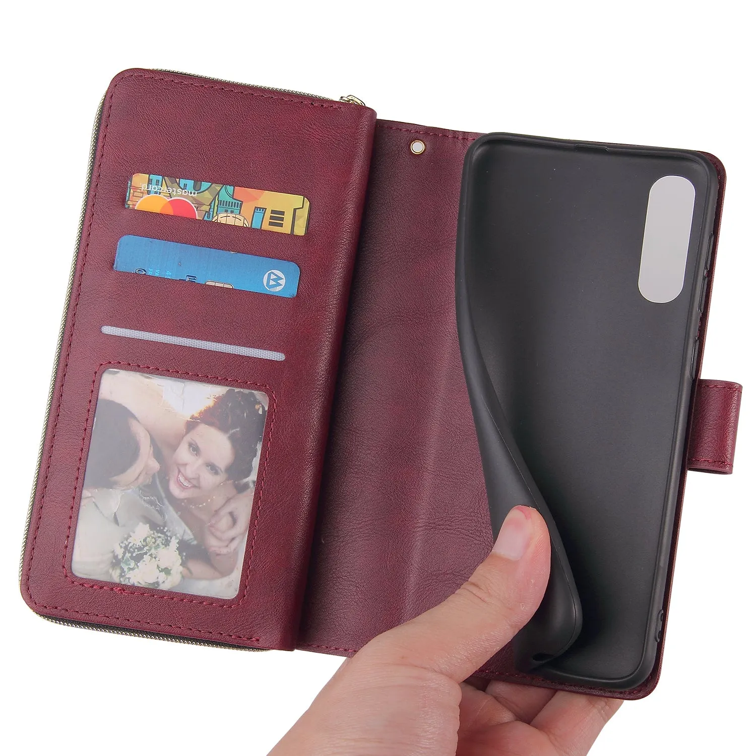 For Samsung A10/A20/A30/A50/A30S/A50S Pu Leather  Mobile Phone Cover Zipper Card Bag   Wrist Strap Red wine