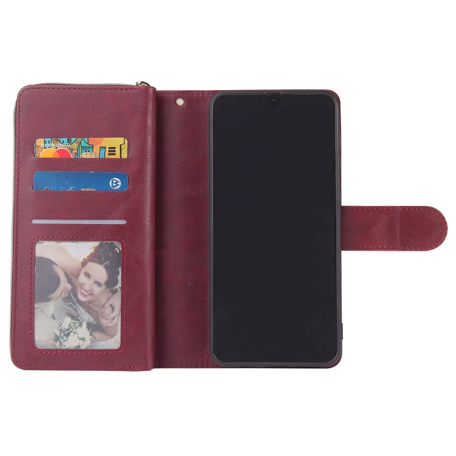 For Samsung A10/A20/A30/A50/A30S/A50S Pu Leather  Mobile Phone Cover Zipper Card Bag   Wrist Strap Red wine