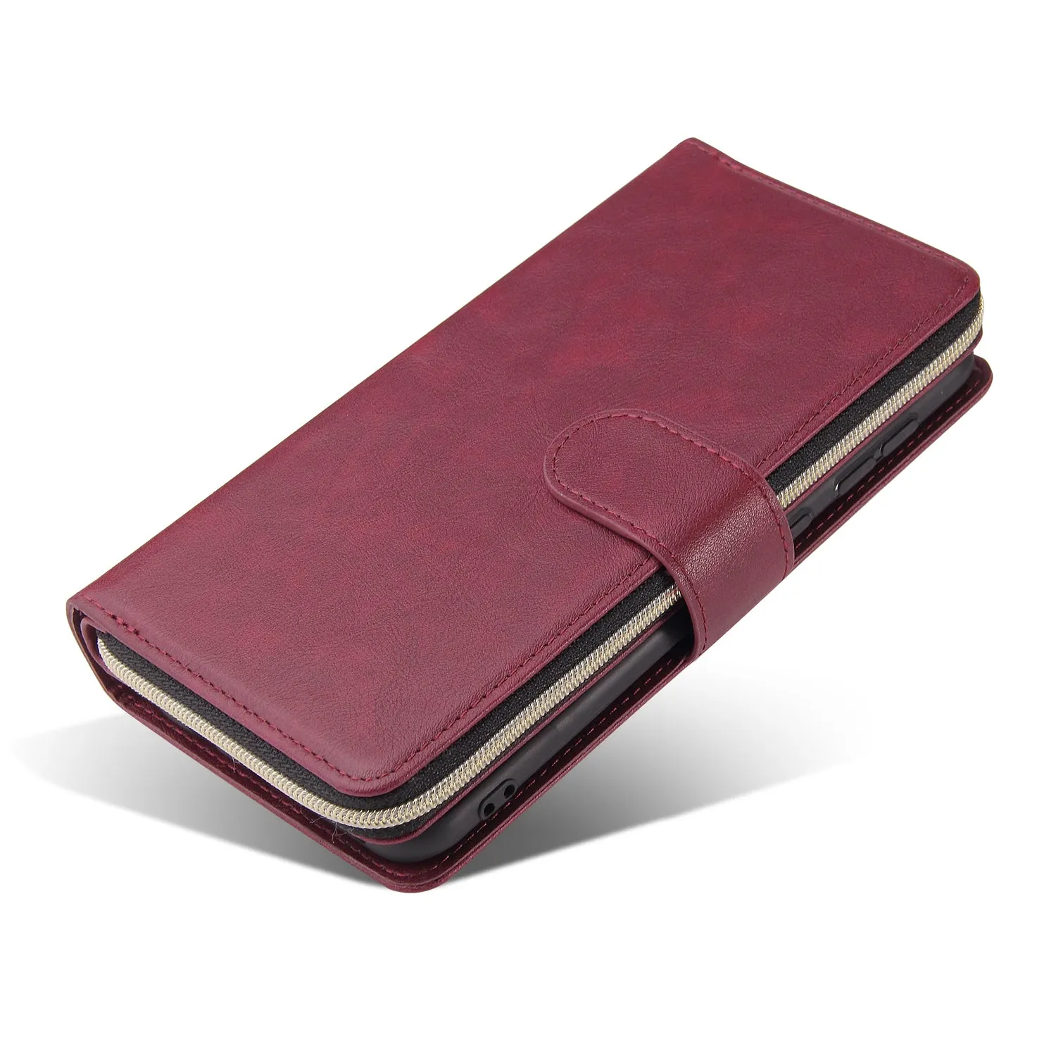 For Samsung A10/A20/A30/A50/A30S/A50S Pu Leather  Mobile Phone Cover Zipper Card Bag   Wrist Strap Red wine