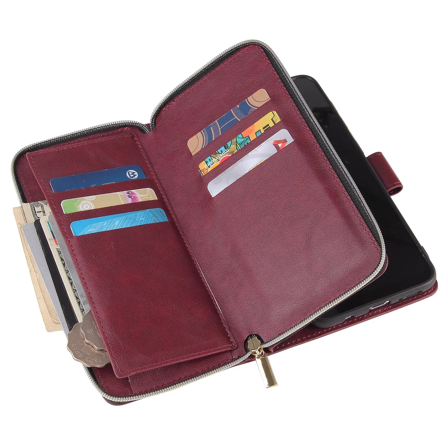 For Samsung A10/A20/A30/A50/A30S/A50S Pu Leather  Mobile Phone Cover Zipper Card Bag   Wrist Strap Red wine