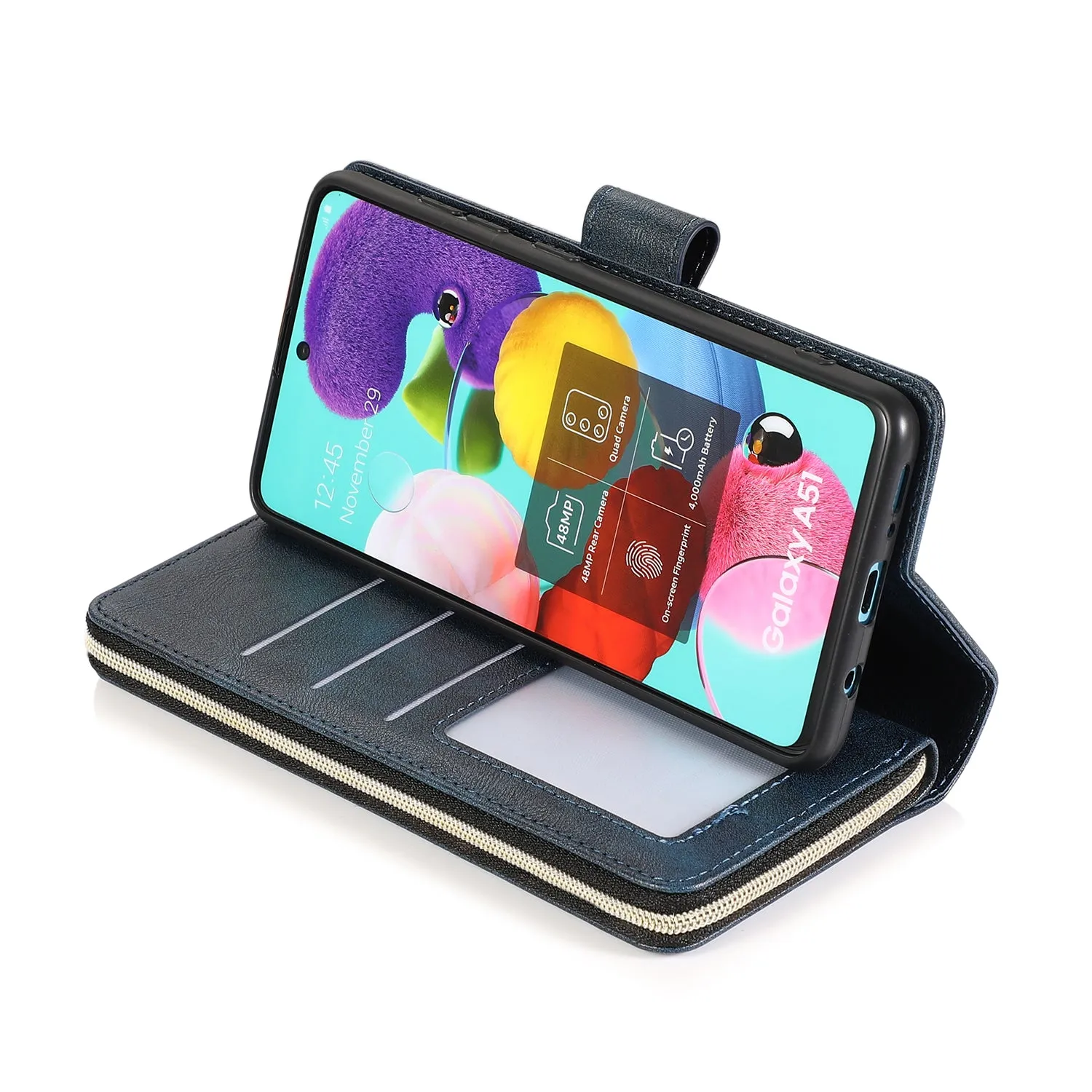 For Samsung A51 5G/A71 5G/Note 10 pro Pu Leather  Mobile Phone Cover Zipper Card Bag   Wrist Strap blue