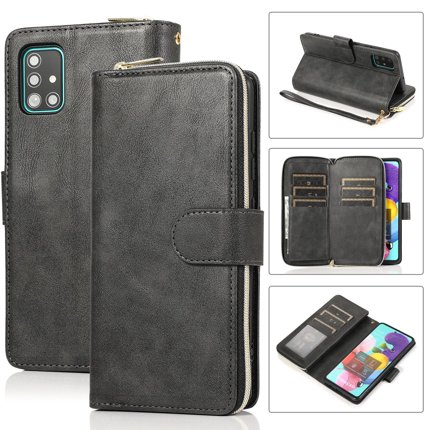 For Samsung A51 5G/A71 5G/Note 10 pro Pu Leather  Mobile Phone Cover Zipper Card Bag   Wrist Strap brown