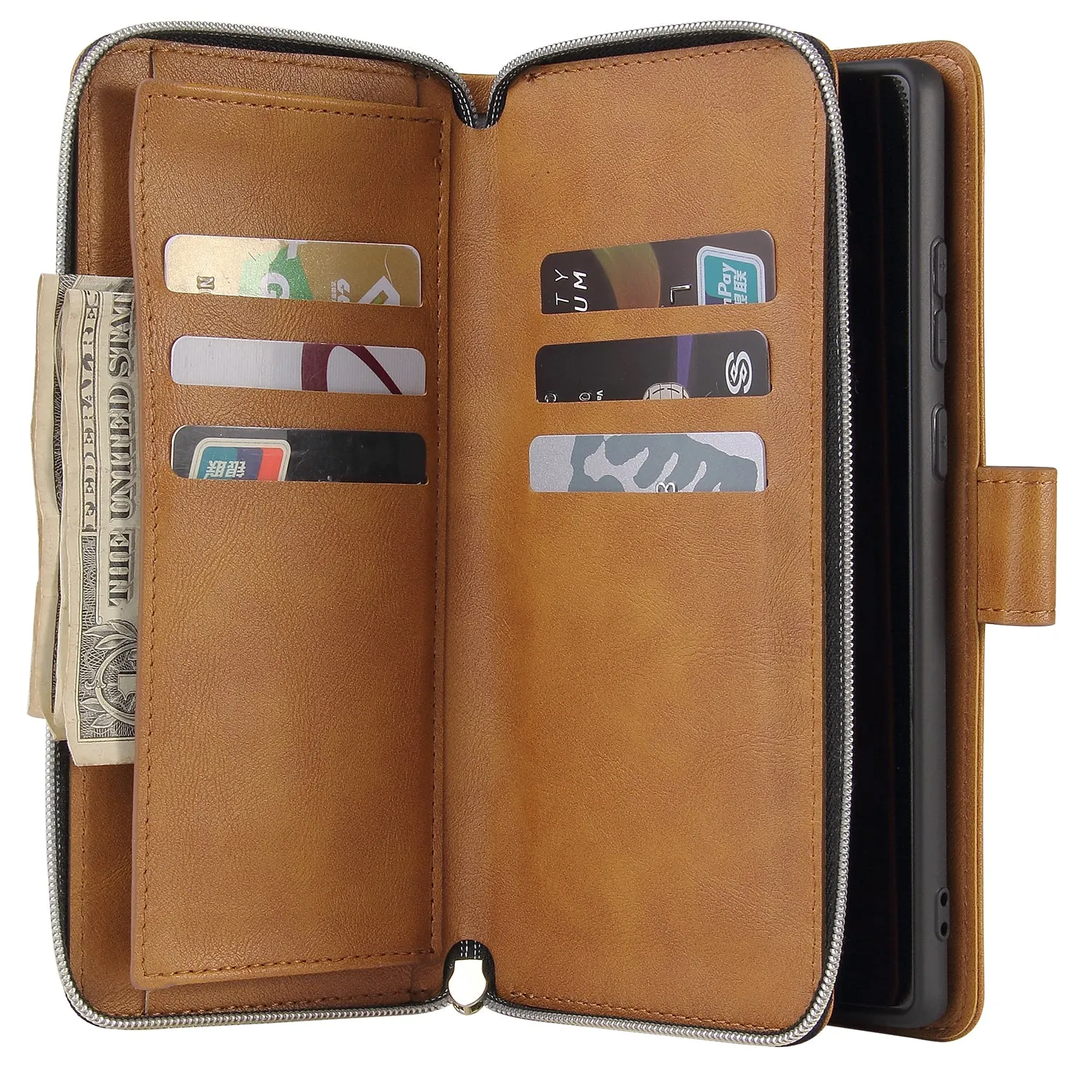 For Samsung A51 5G/A71 5G/Note 10 pro Pu Leather  Mobile Phone Cover Zipper Card Bag   Wrist Strap brown