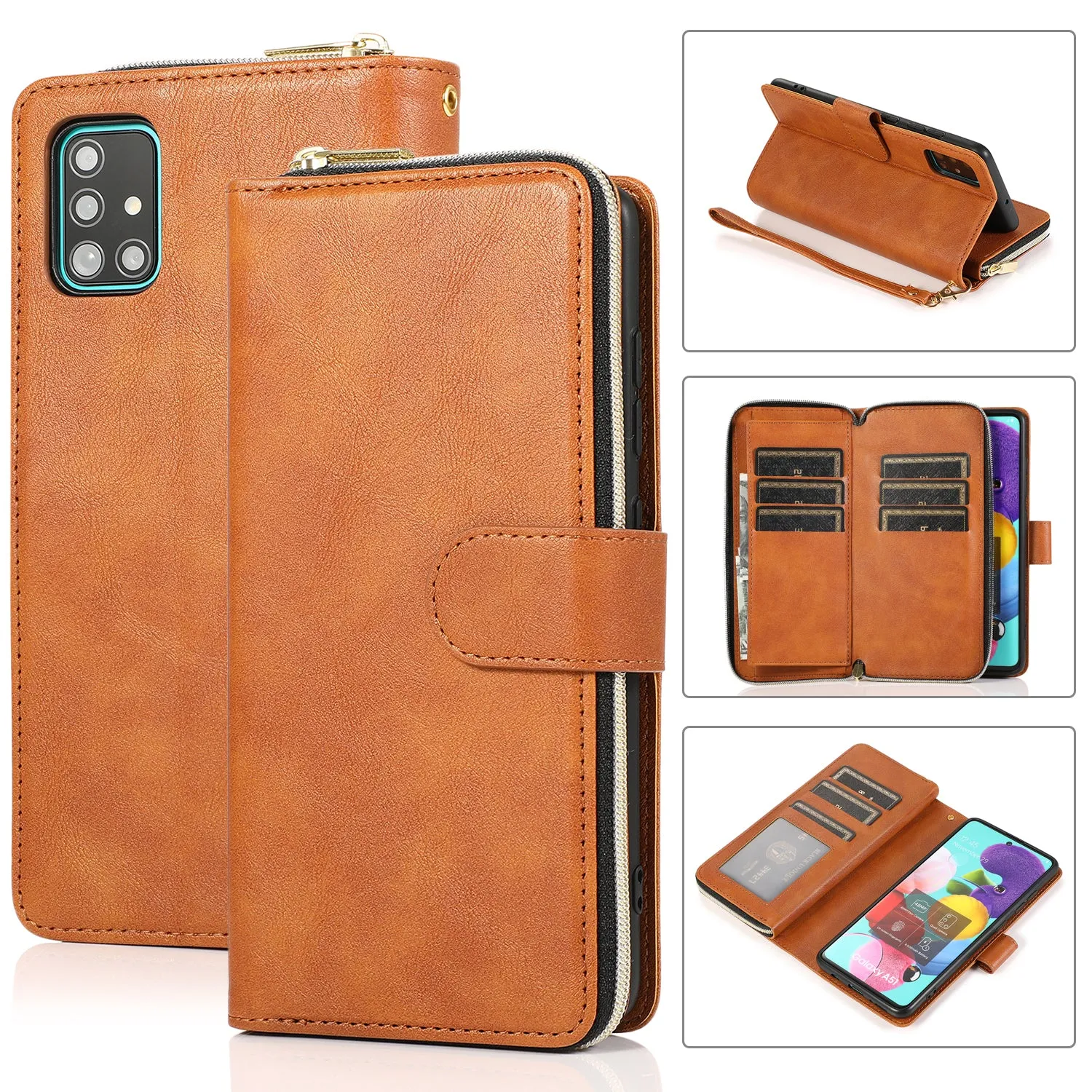 For Samsung A51 5G/A71 5G/Note 10 pro Pu Leather  Mobile Phone Cover Zipper Card Bag   Wrist Strap brown