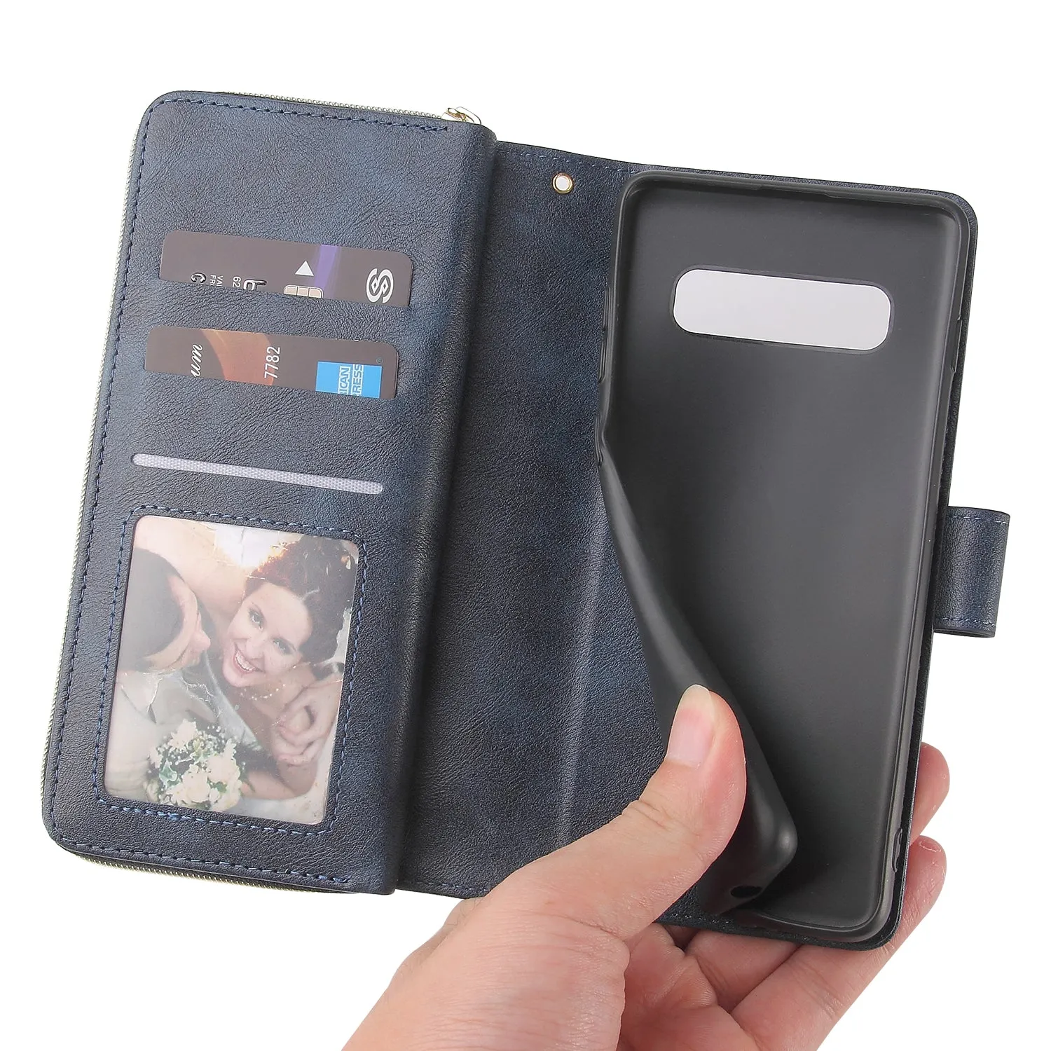 For Samsung S10/S20/S10E/ S10 Plus Pu Leather  Mobile Phone Cover Zipper Card Bag   Wrist Strap blue