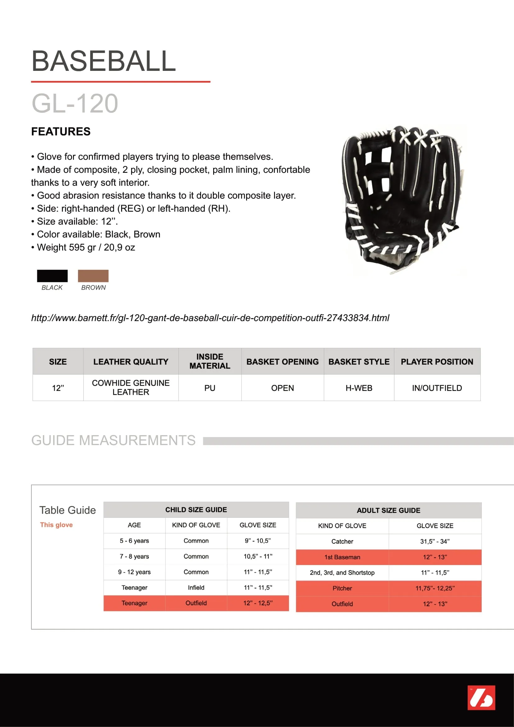 GL-120 Competition baseball glove, genuine leather, outfield 12 Black