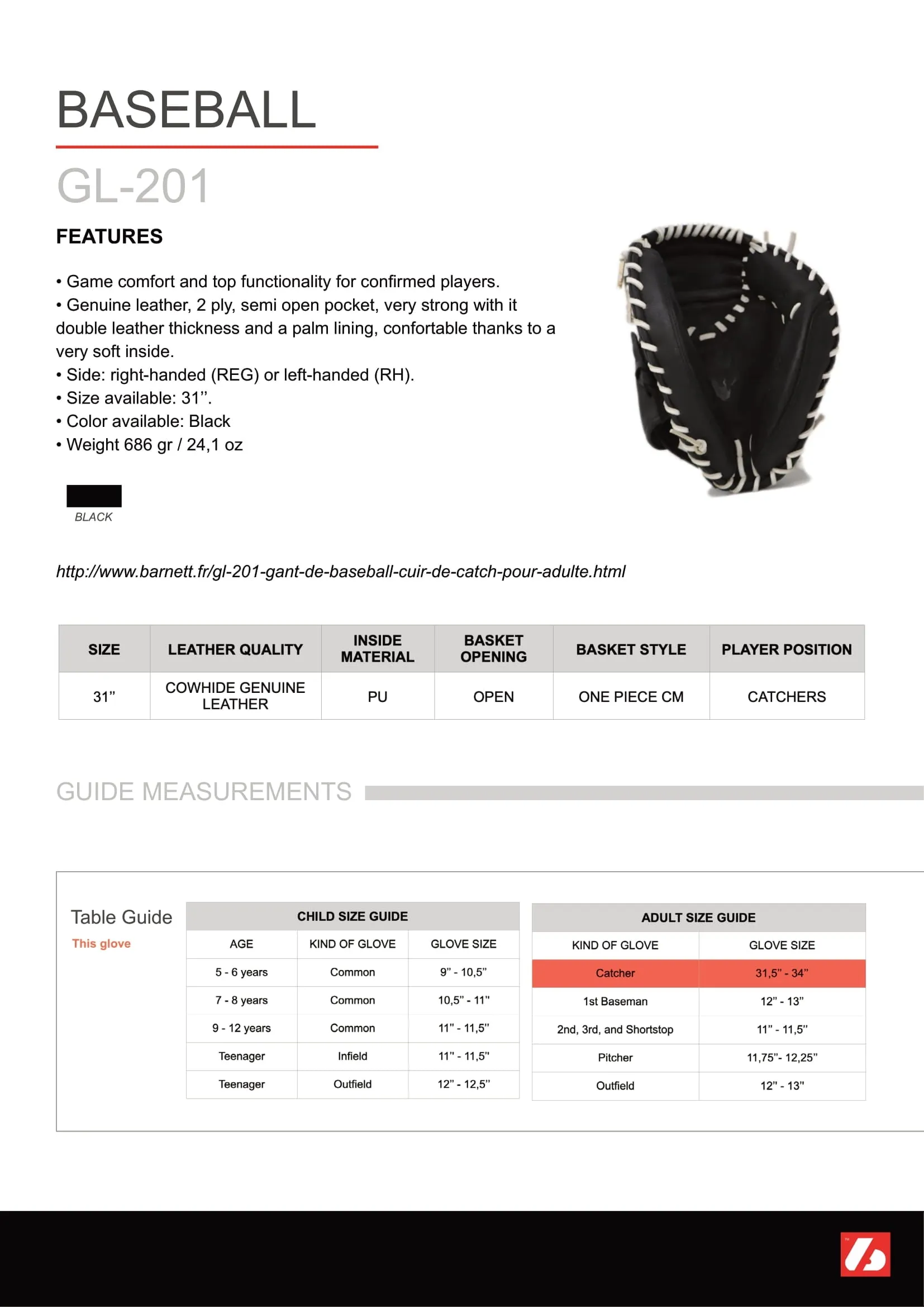 GL-201 Competition catcher baseball glove, genuine leather, adult 31, Black
