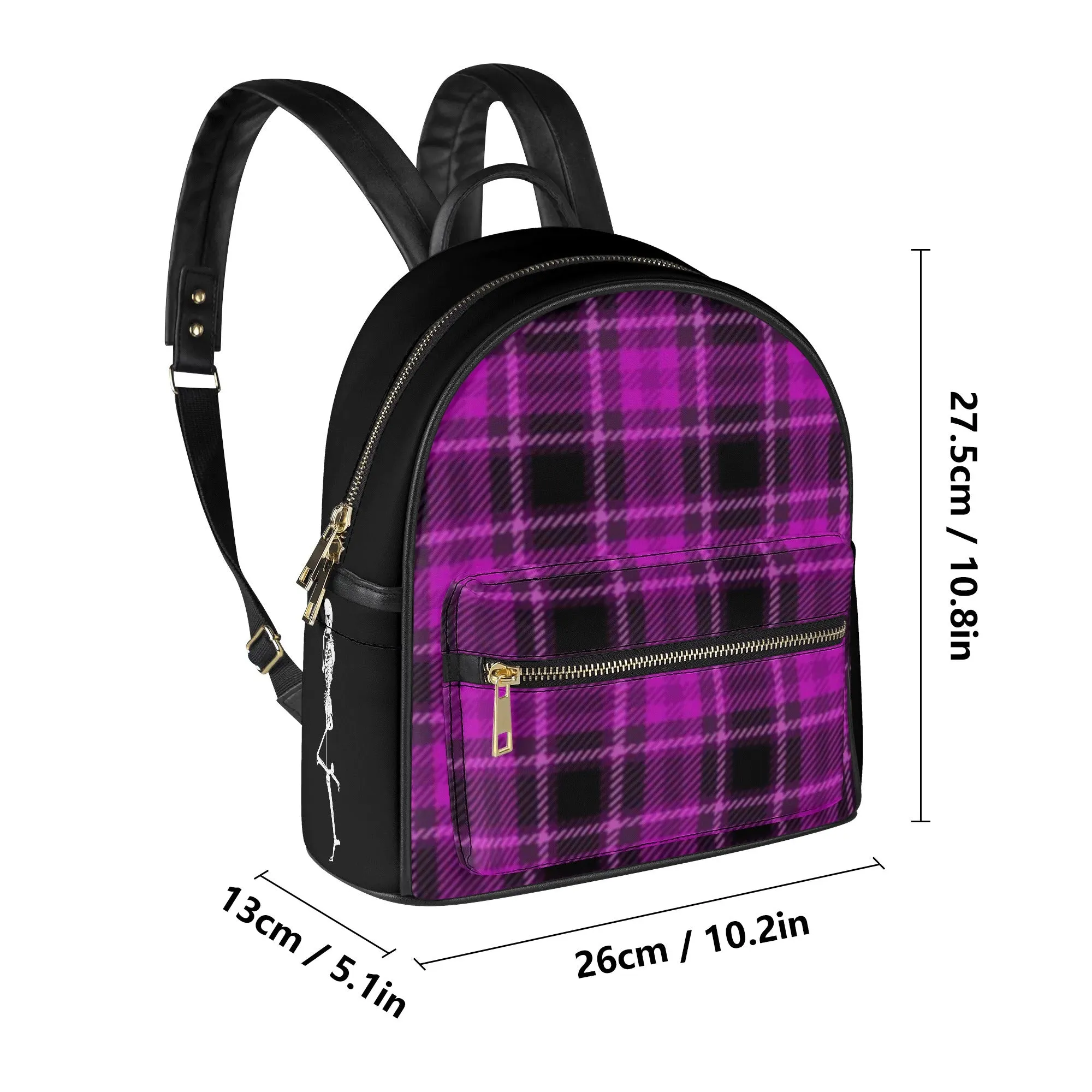 Gothic Pink & Black Plaid with Posing Skeleton Graphic PU Leather Mini-Backpack