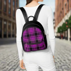 Gothic Pink & Black Plaid with Posing Skeleton Graphic PU Leather Mini-Backpack