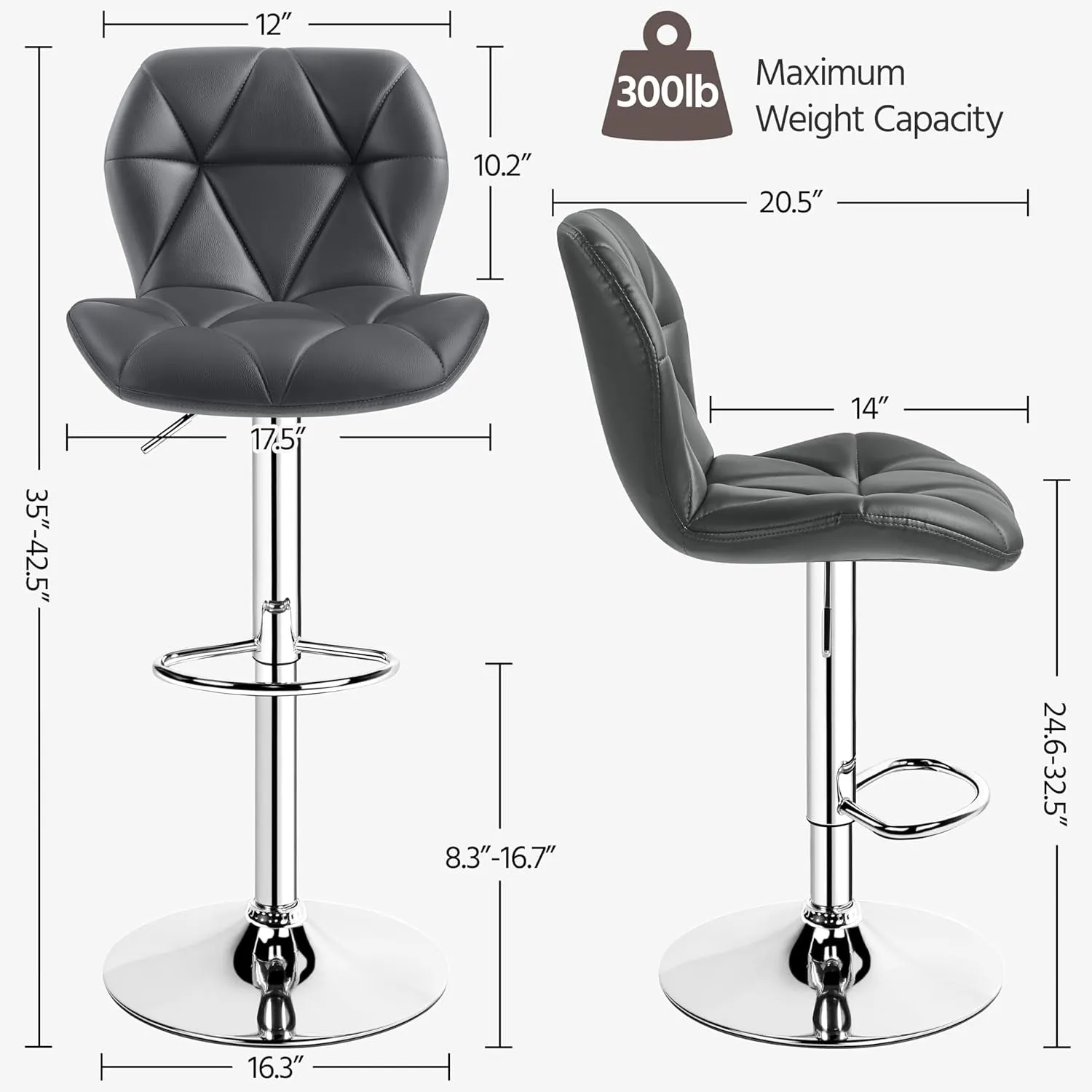 Grey Bar Stools Set of 2, PU Leather Bar Chairs with Backrest, Height