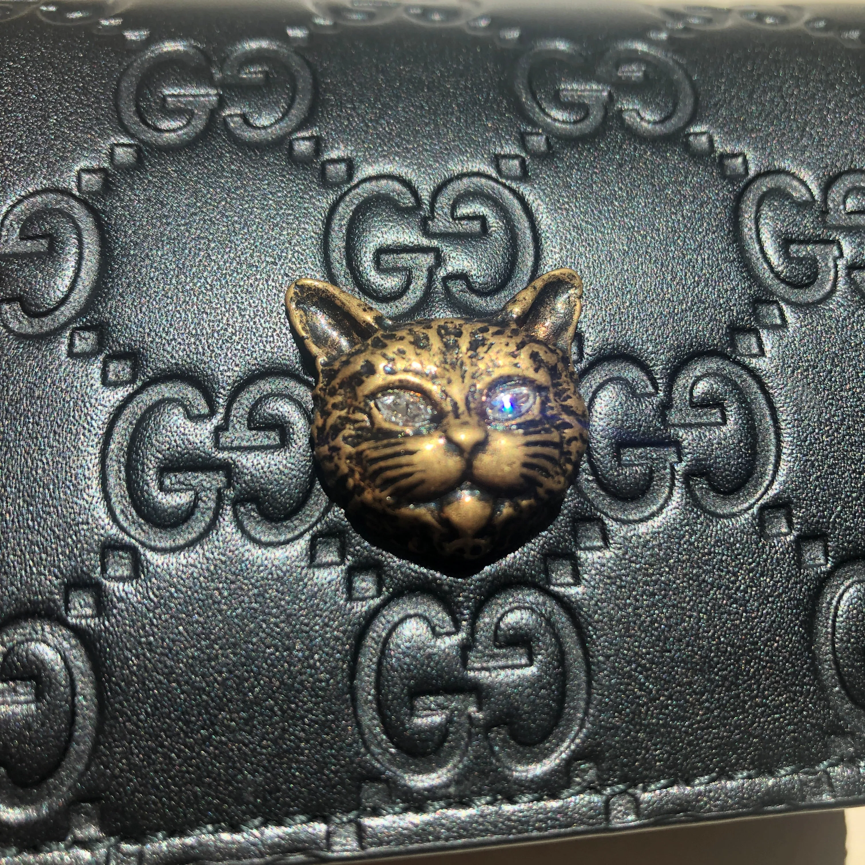 Gucci Guccissima Crystal Cat Card Case in Black