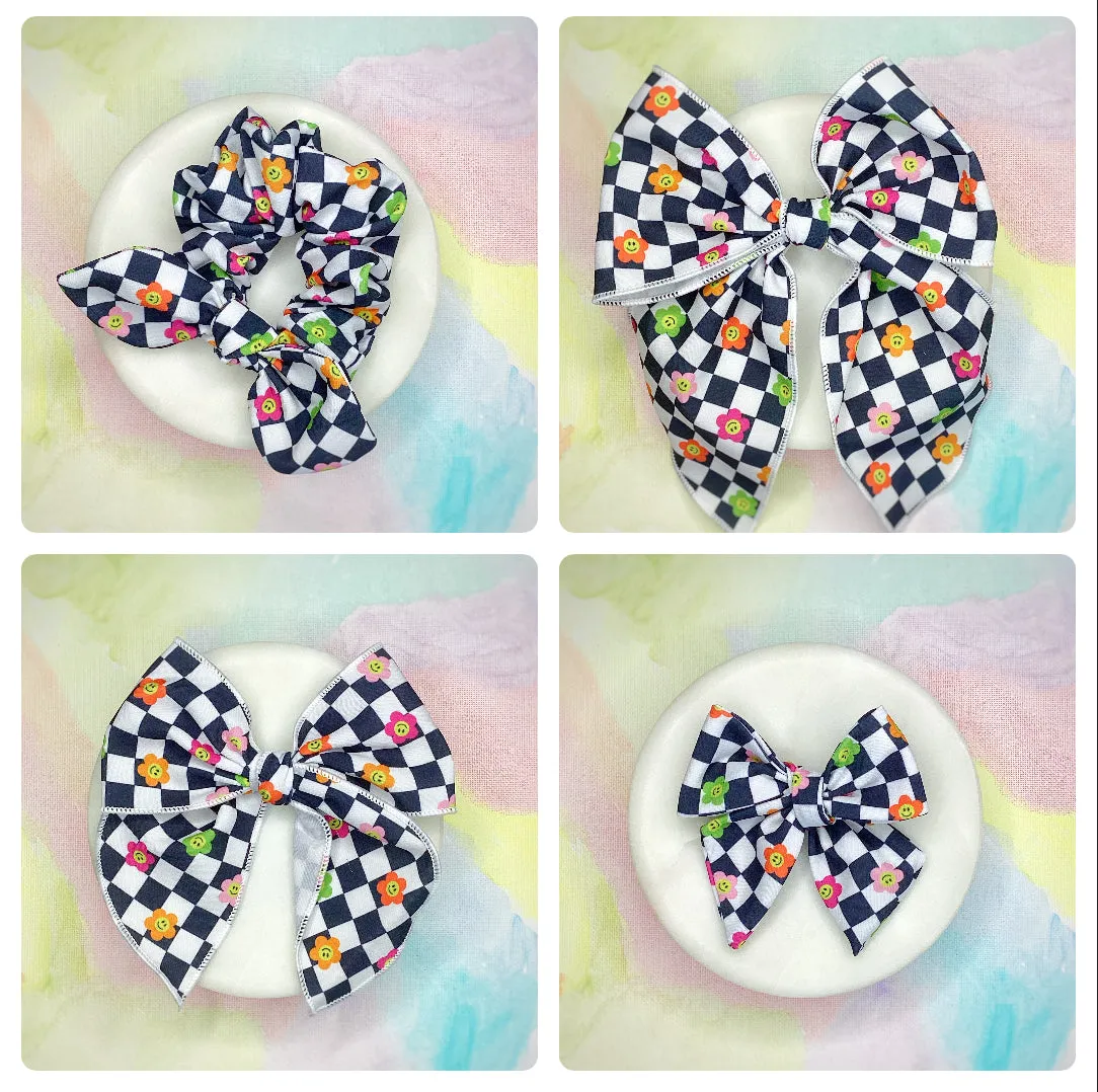 Happy Checkerboard Daisies Bow Strip and Scrunchie Collection