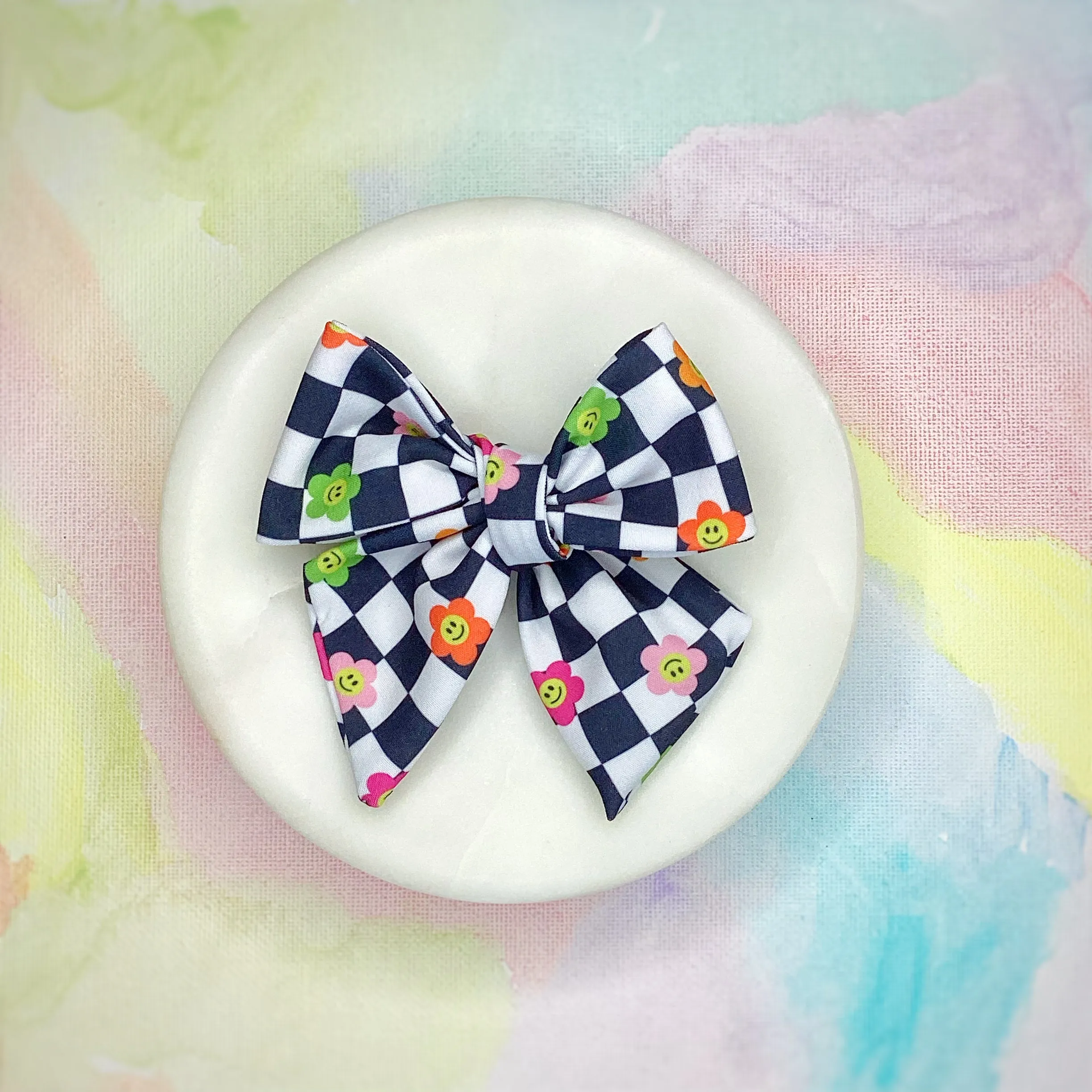 Happy Checkerboard Daisies Bow Strip and Scrunchie Collection