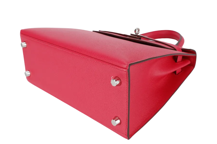 HERMES KELLY 25 SELLIER ROSE EXTREME EPSOM SILVER HARDWARE STAMP D (2020) WITH DUST COVER, LOCK & KEYS, STRAPS AND RAINCOAT