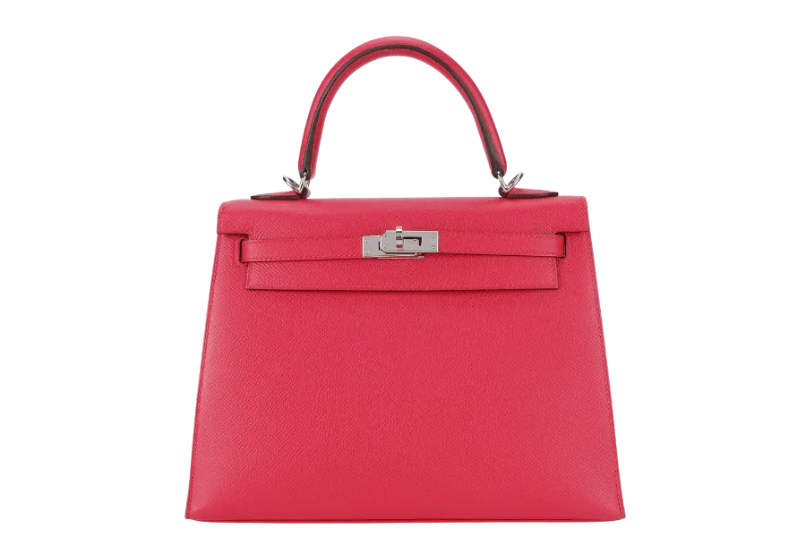 HERMES KELLY 25 SELLIER ROSE EXTREME EPSOM SILVER HARDWARE STAMP D (2020) WITH DUST COVER, LOCK & KEYS, STRAPS AND RAINCOAT