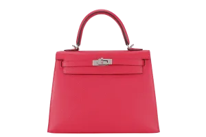 HERMES KELLY 25 SELLIER ROSE EXTREME EPSOM SILVER HARDWARE STAMP D (2020) WITH DUST COVER, LOCK & KEYS, STRAPS AND RAINCOAT