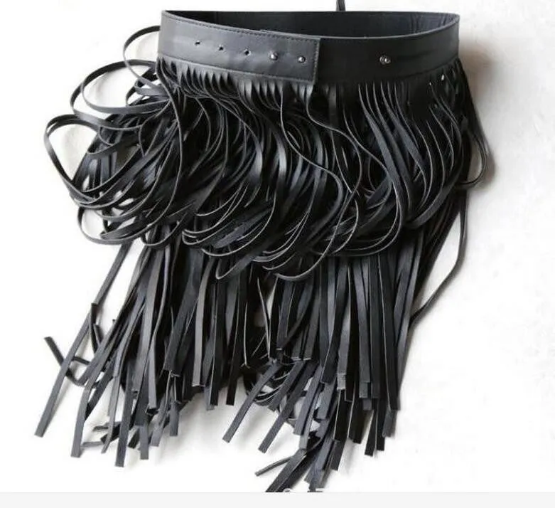 Hippie Boho Fringe Tassel Black Faux Leather Ladies Belt All Matching High Waist Fashion Women Long Belts
