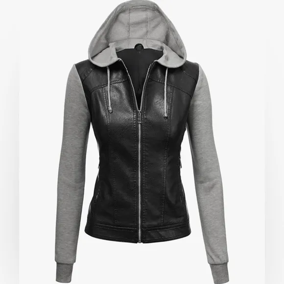 Hooded Faux Leather Jacket Moto Biker Coat -black/h.grey
