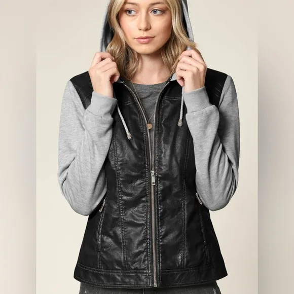 Hooded Faux Leather Jacket Moto Biker Coat -black/h.grey