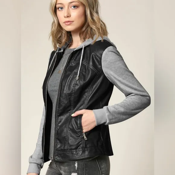 Hooded Faux Leather Jacket Moto Biker Coat -black/h.grey