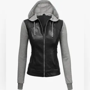 Hooded Faux Leather Jacket Moto Biker Coat -black/h.grey
