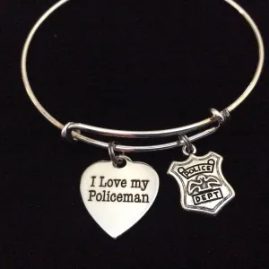 I Love My Policeman on Expandable Adjustable Wire Bangle Bracelet Occupational Police Badge Department Wife Gift