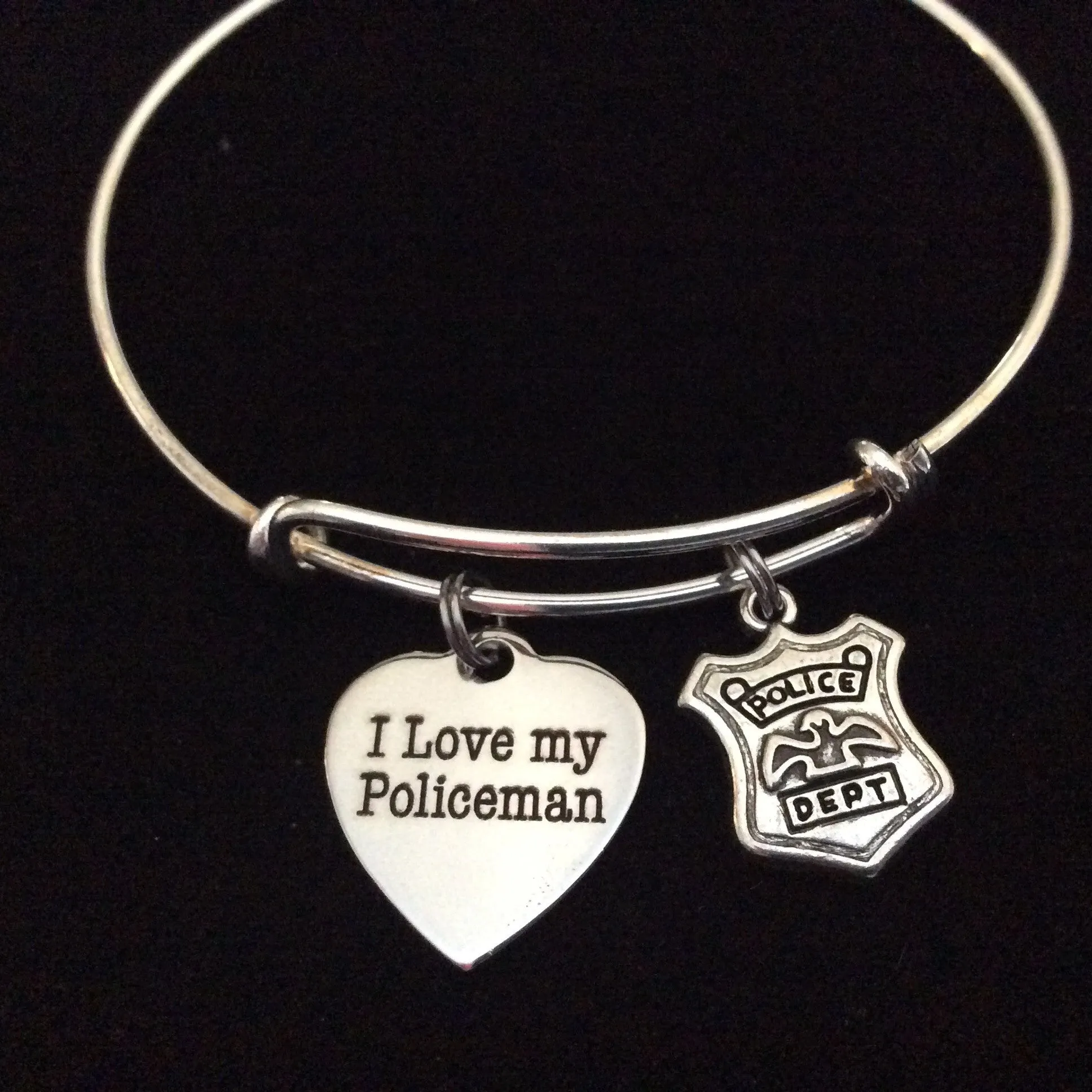 I Love My Policeman on Expandable Adjustable Wire Bangle Bracelet Occupational Police Badge Department Wife Gift