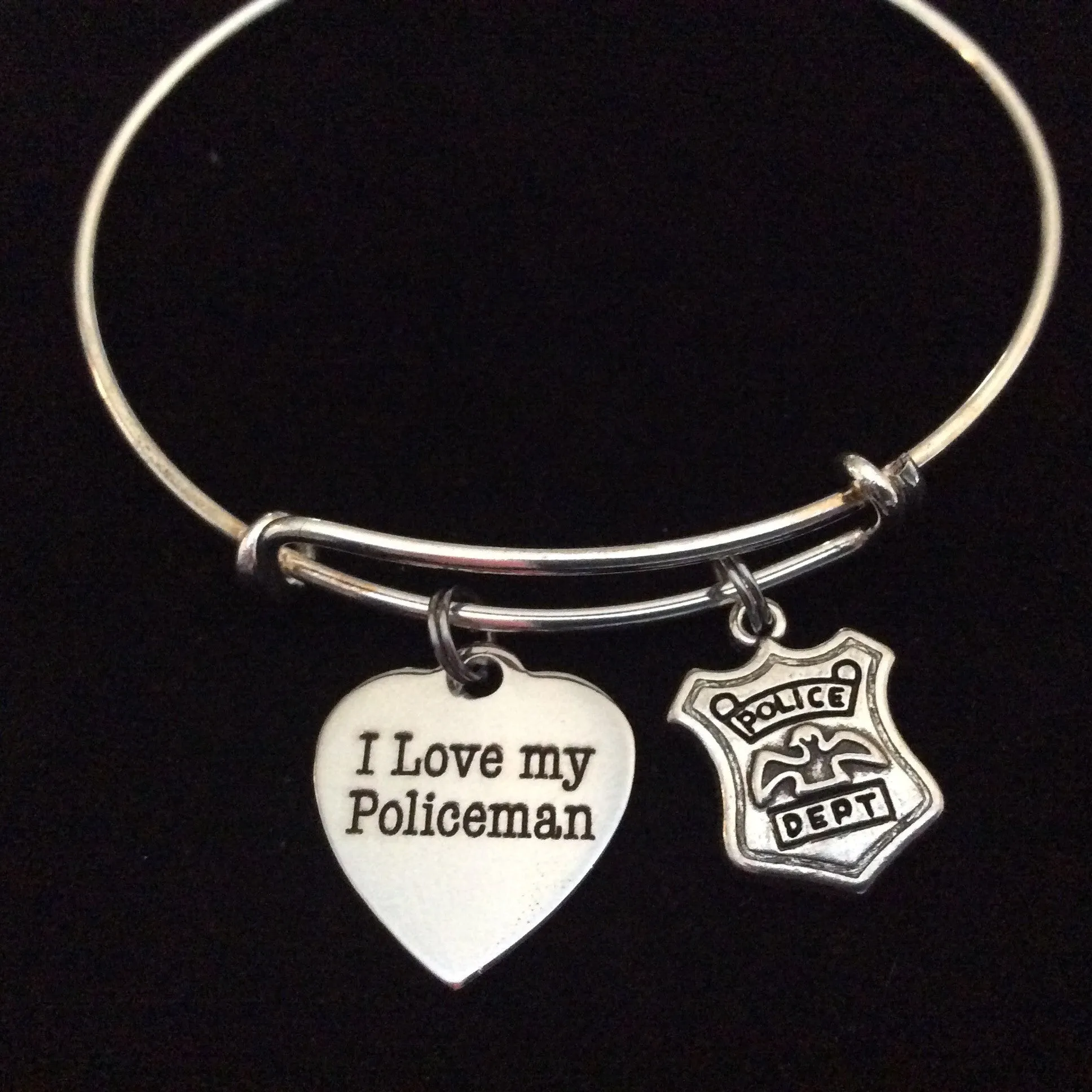 I Love My Policeman on Expandable Adjustable Wire Bangle Bracelet Occupational Police Badge Department Wife Gift