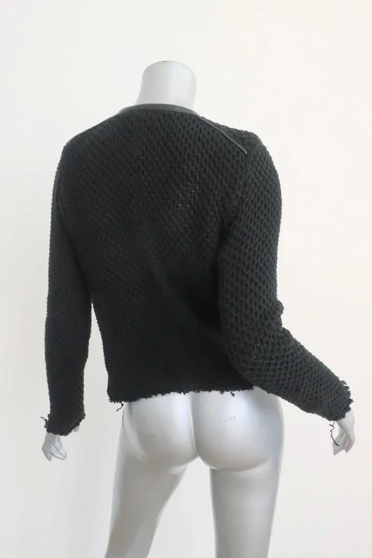 IRO Miali Jacket Black Leather-Trim Cotton Chunky Knit Size 2 Moto Jacket
