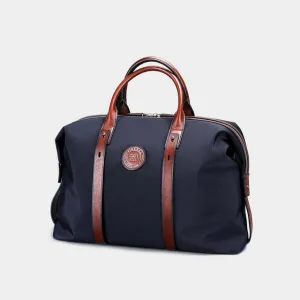 Jet Set Weekender Travel Duffel Bag - Navy Blue Canvas & Leather Trim