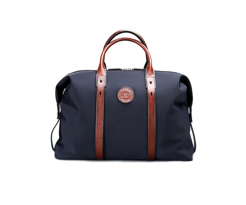 Jet Set Weekender Travel Duffel Bag - Navy Blue Canvas & Leather Trim