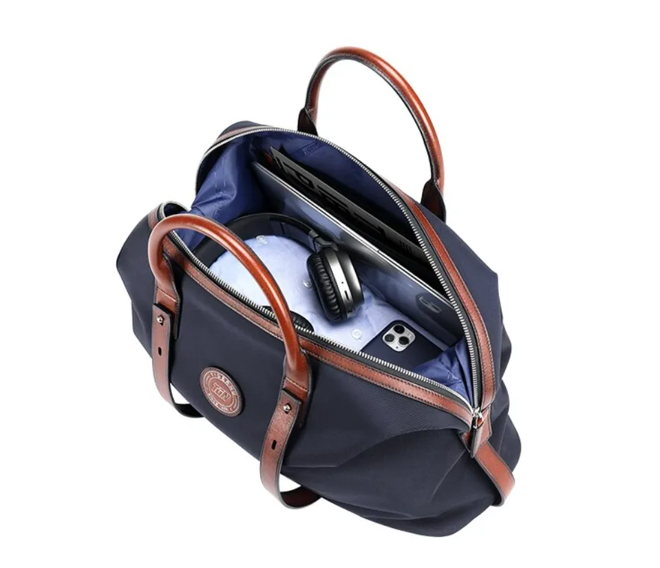 Jet Set Weekender Travel Duffel Bag - Navy Blue Canvas & Leather Trim