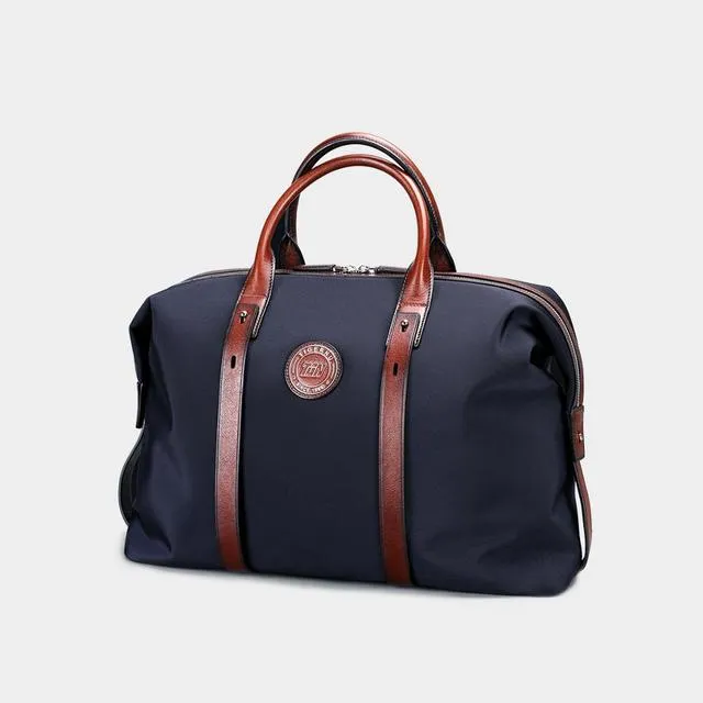 Jet Set Weekender Travel Duffel Bag - Navy Blue Canvas & Leather Trim