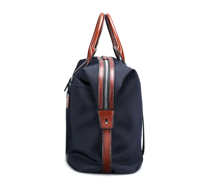 Jet Set Weekender Travel Duffel Bag - Navy Blue Canvas & Leather Trim