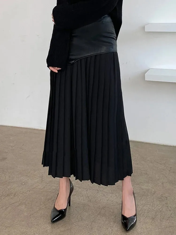 Kara Contrast Pleated Faux Leather Midi Skirt