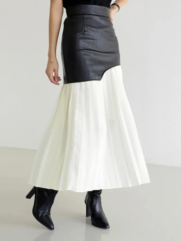 Kara Contrast Pleated Faux Leather Midi Skirt