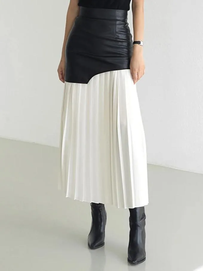 Kara Contrast Pleated Faux Leather Midi Skirt