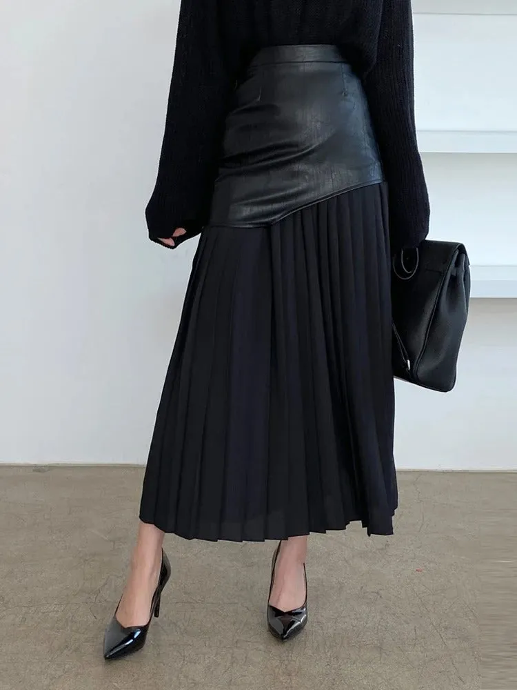 Kara Contrast Pleated Faux Leather Midi Skirt